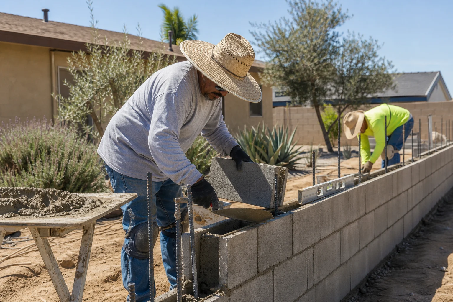 Mason laying a block course with a trowel, checking it with a level — Good Hope, CA