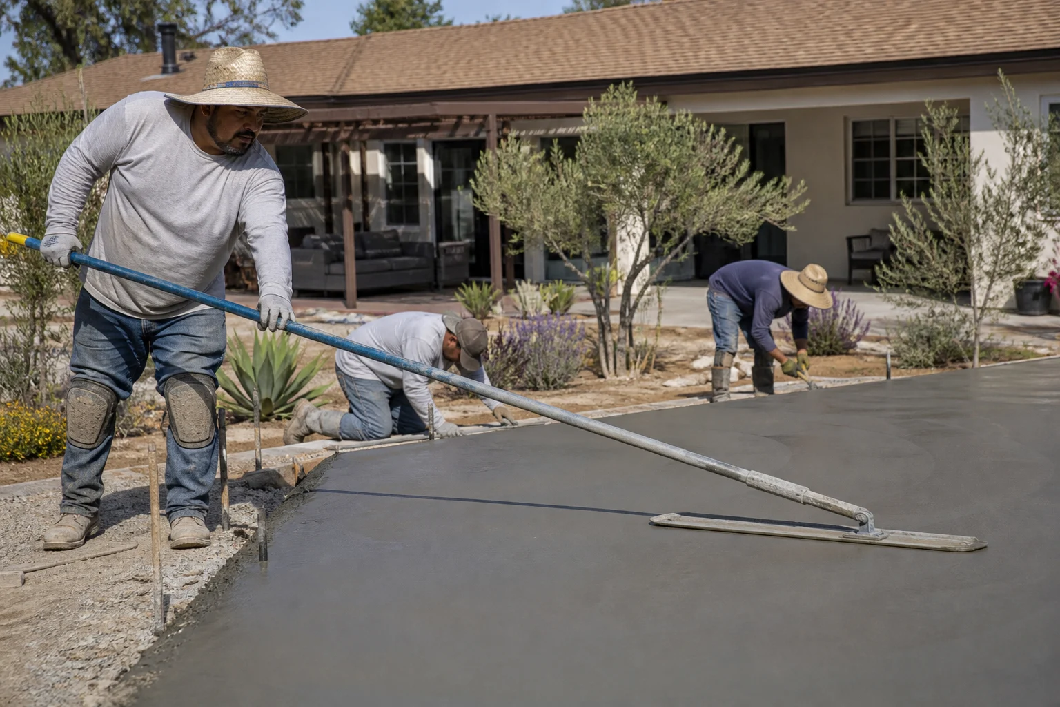 Worker running a bull float across a fresh concrete slab — Cherry Valley, CA