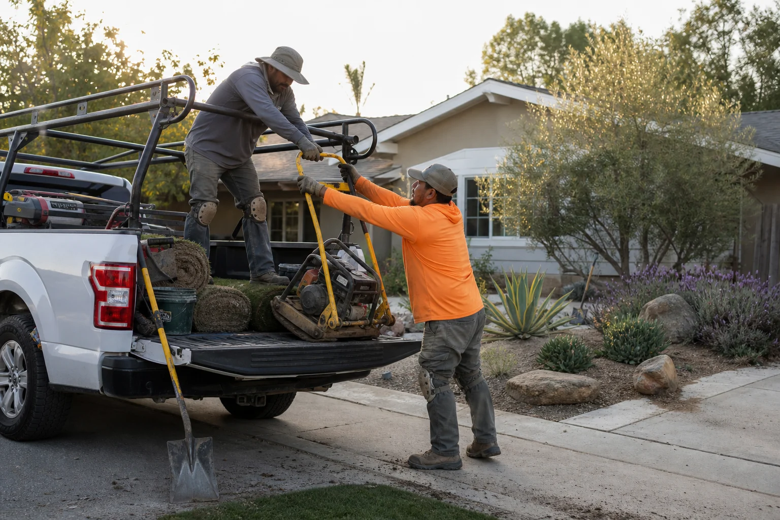 Two-person crew unloading tools from a work truck in a residential driveway — Mead Valley, CA