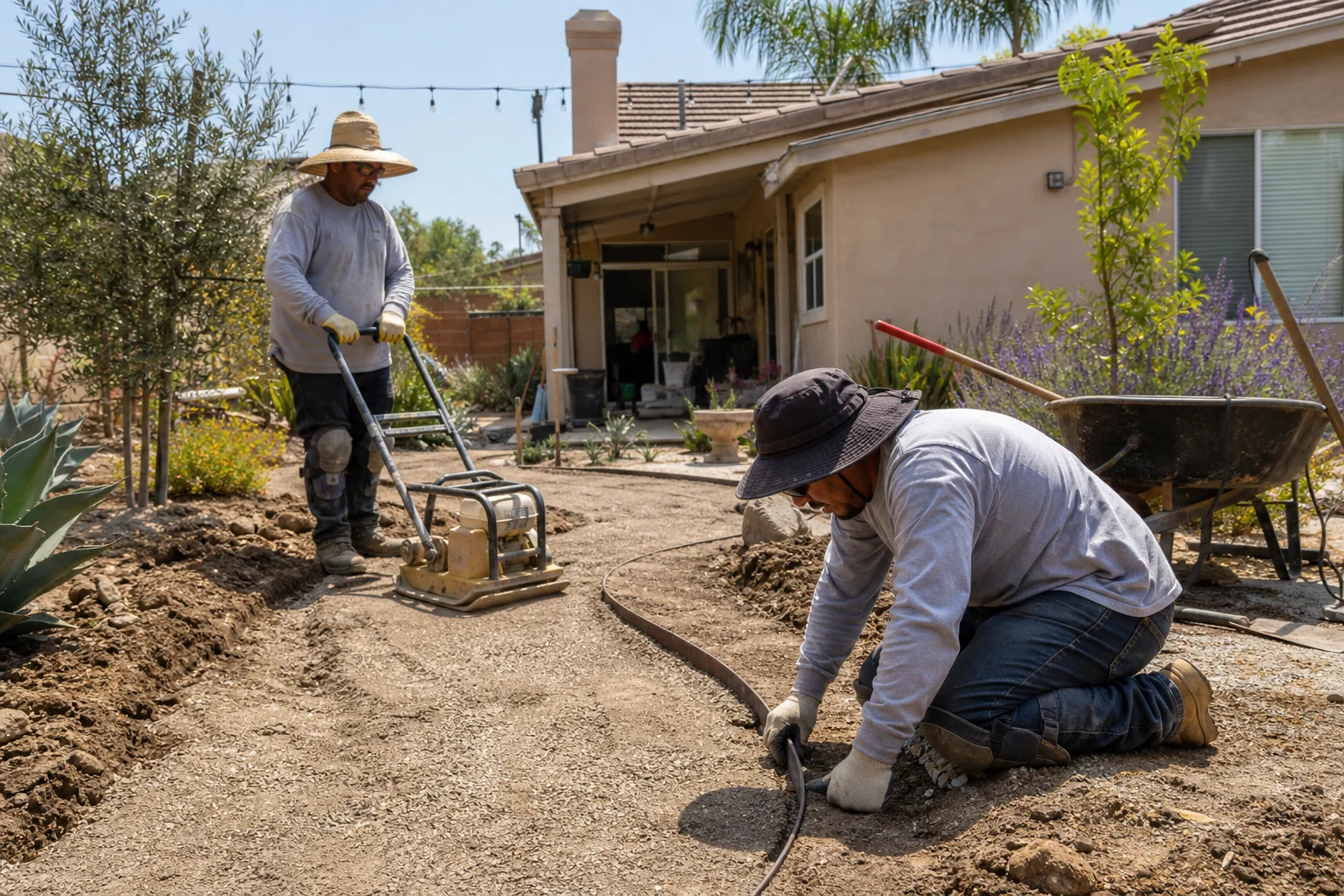 Two-person crew working together on a job, whole-yard context — Mentone, CA