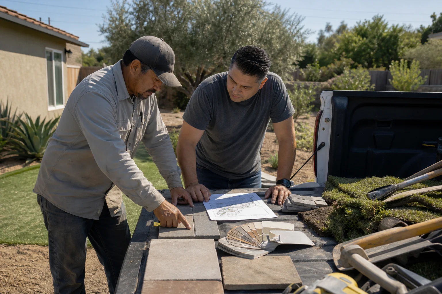 Owner and homeowner at a truck tailgate looking over paver and material samples — Calimesa, CA