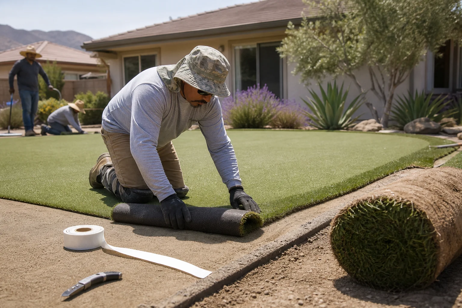 Worker rolling out short putting turf over a laser-graded base — Woodcrest, CA