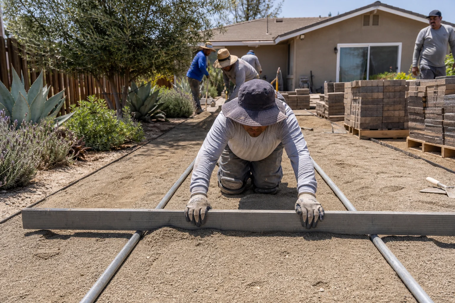 Worker screeding a sand bedding layer with a board riding on two rails — Valle Vista, CA