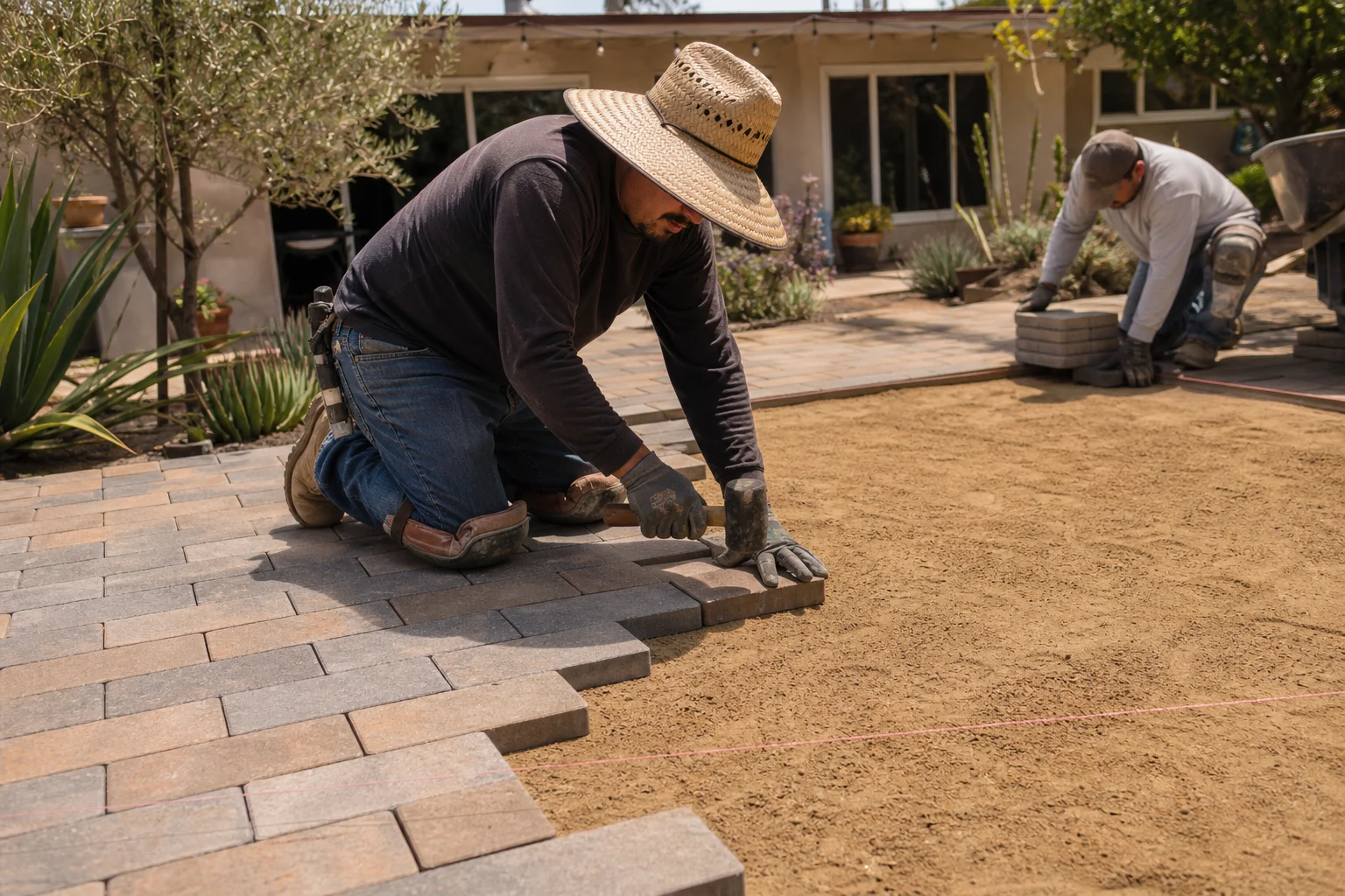 Worker setting pavers to a string line, tapping level with a rubber mallet — East Hemet, CA