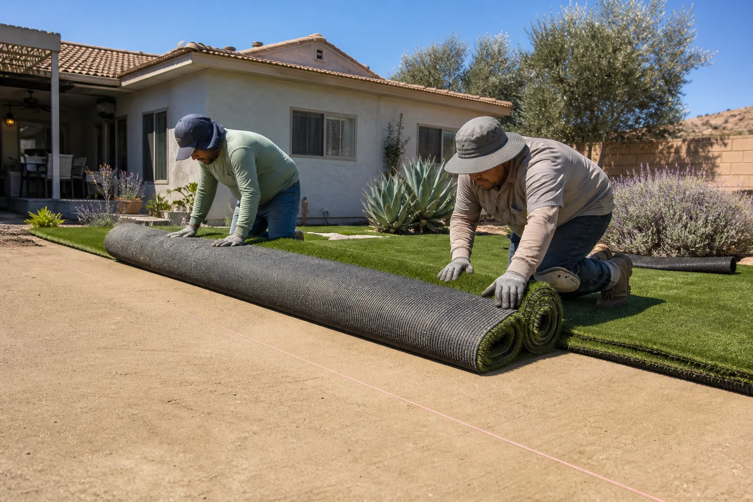 Two-person crew unrolling a roll of turf across a graded base — Temescal Valley, CA